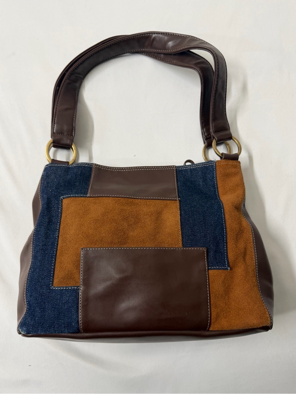 Nine West Patchwork Denim Faux Suede Brown Shoulder Bag Boho Y2K